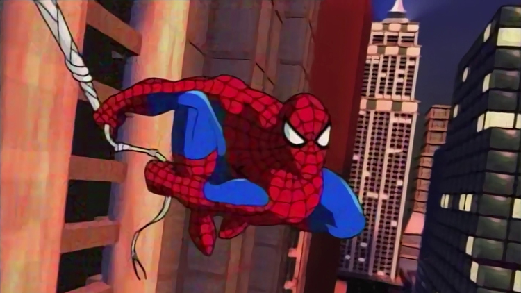 Spider-Man swings through a computer-generated city in a still from the 1994 cartoon "Spider-Man: The Animated Series."
