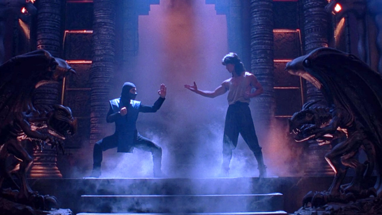 Sub-Zero (François Petit) faces off against Liu Kang (Robin Shou) in a still from the 1995 film "Mortal Kombat."