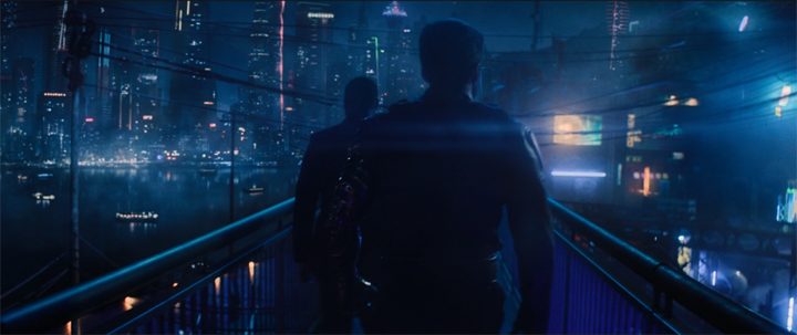 Bucky (Sebastian Stan), Zemo, Daniel Brühl), and Sam (Anthony Mackie) approach the neon streets of Madripoor in a still from the Disney+ show .