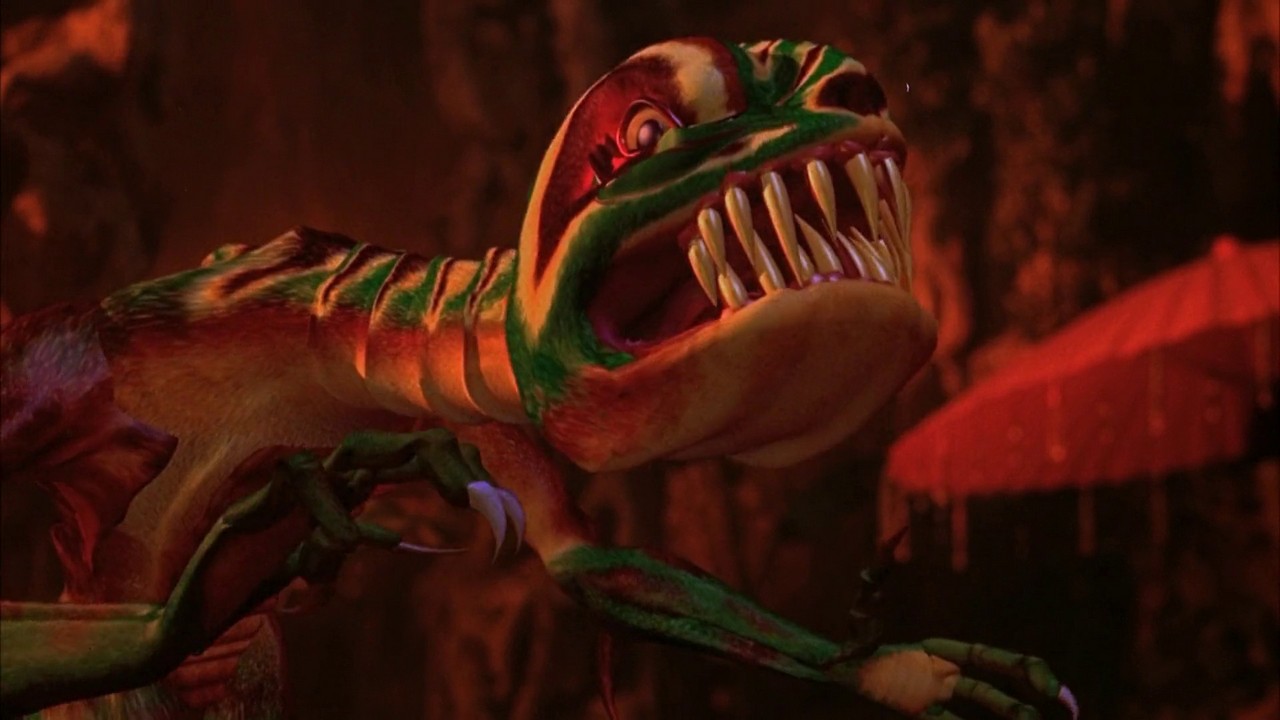 The filmmakers created a CGI reptile to introduce the character of Reptile in a still from the 1995 film "Mortal Kombat."
