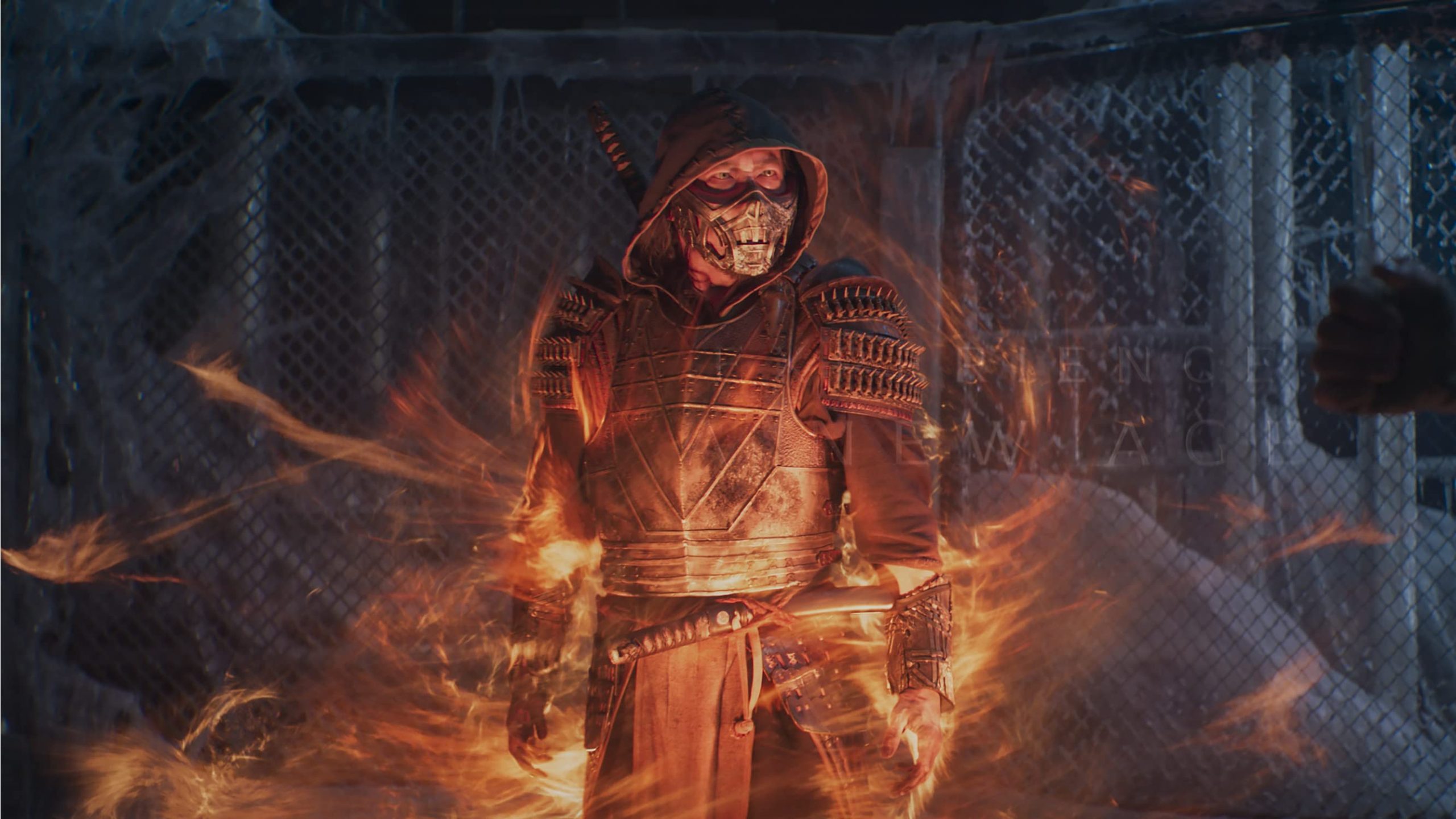 Scorpion (Hiroyuki Sanda) erupts in a plume of fire in a still from the New Line Cinemas film "Mortal Kombat."