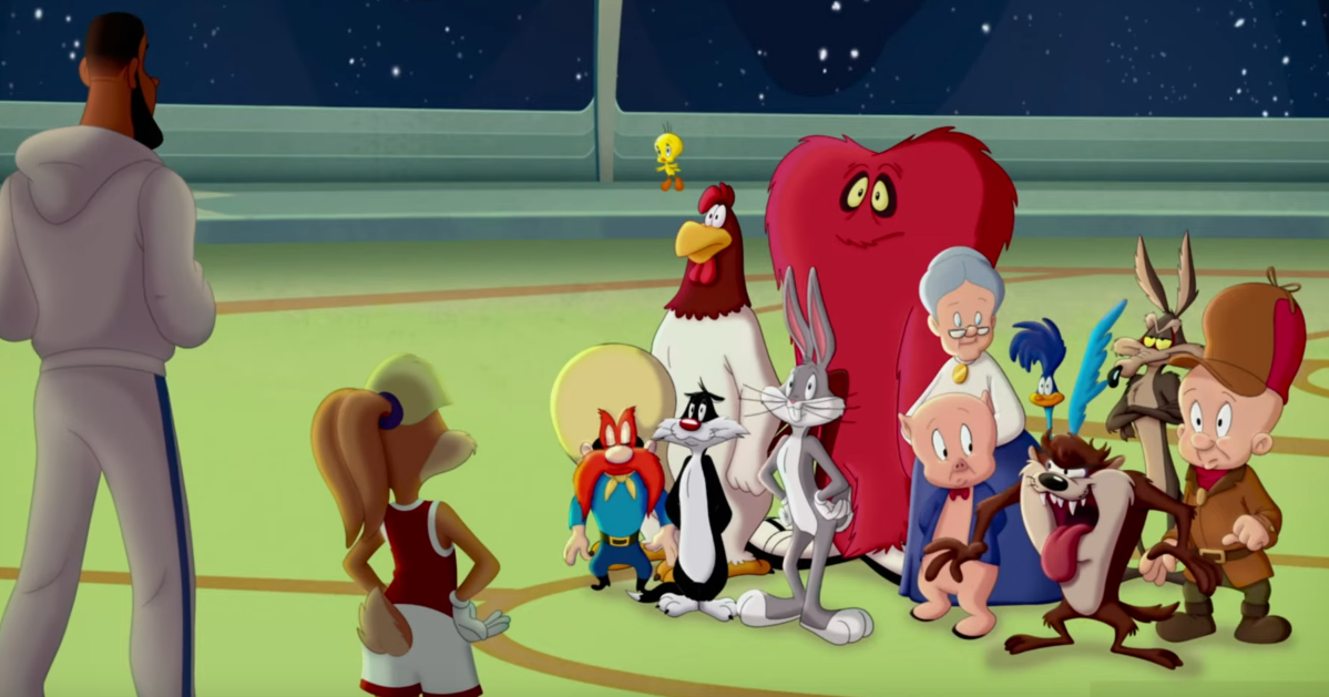 Space Jam: A New Legacy: The Tune Squad in cartoon form have a talk with Lola and Lebron