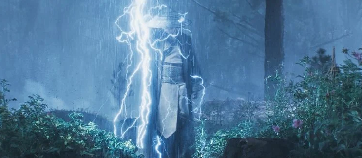 Raiden summons a bolt of lightning