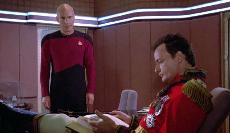 Q (John de Lancie) and Picard (Patrick Stewart) on Star Trek: The Next Generation (1987)