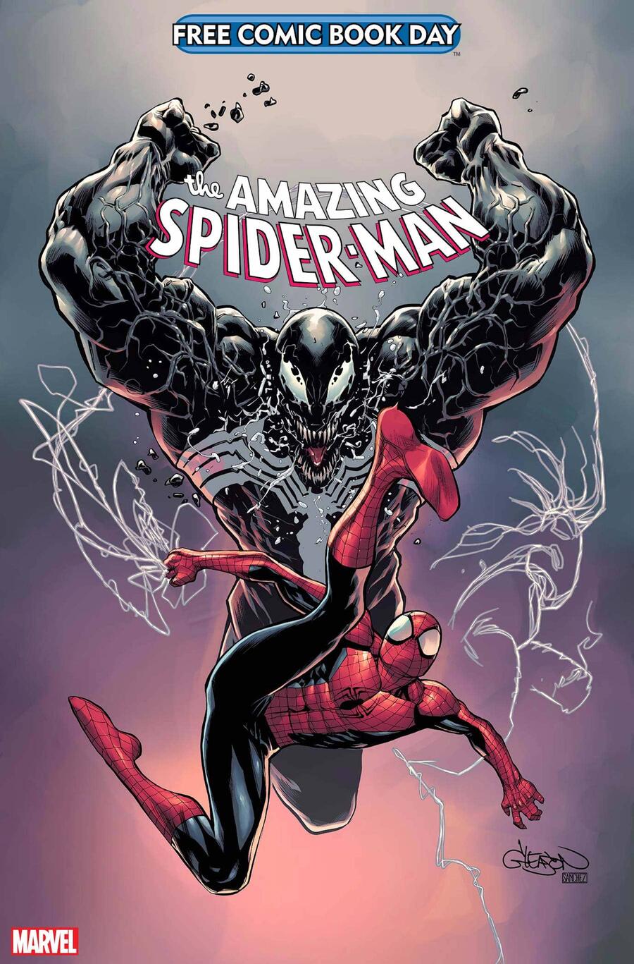 The cover for Marvel's FDCB 2021 offering featuring Spider-Man locked in battle against Venom. Art by Patrick Gleason.