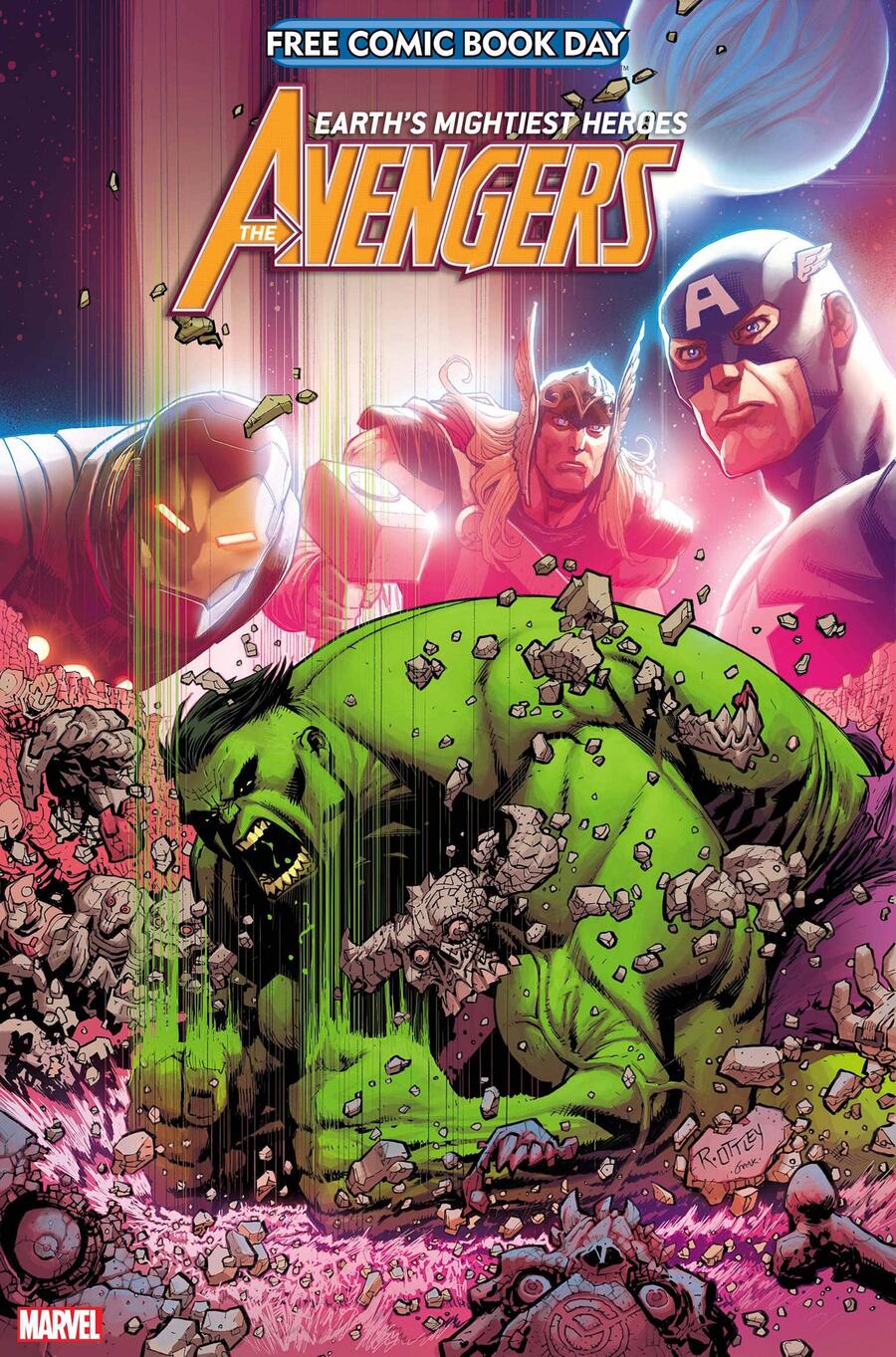 The cover for Marvel's FDCB 2021 offering featuring the Hulk smashing the ground with Iron Man, Thor, and Captain America in the background. Art by Ryan Ottley.