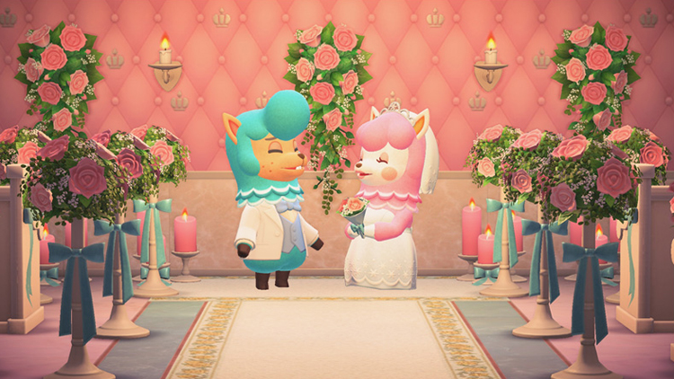 Reese and Cyrus pose for photos in the return of the "Wedding Season" event in "Animal Crossing: New Horizons."