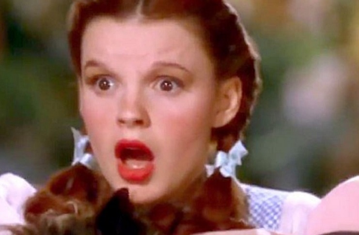 Judy Garland as Dorothy Gale in The Wizard of Oz gasping
