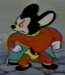 Mighty Mouse in the suit he is now most recognized in: red body suit, yellow underpants and black belt.