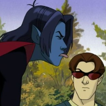 Nightcrawler sticking out his tongue plus Cyclops from X-Men: Evolution