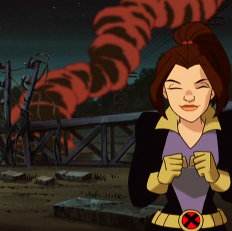 Shadowcat from X-Men Evolution in front of an explosion