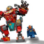 Product shots of Tony Stark's Sakaarian Iron Man Lego set and the three minifigures it contains: Tony Stark, Valkyrie, and Uatu the Watcher.