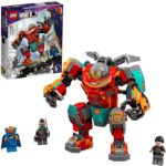 Product shots of Tony Stark's Sakaarian Iron Man Lego set and the three minifigures it contains: Tony Stark, Valkyrie, and Uatu the Watcher.