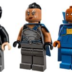 A closeup of the three minifigures in the Tony Stark's Sakaarian Iron Man Lego set : Tony Stark, Valkyrie, and Uatu the Watcher.