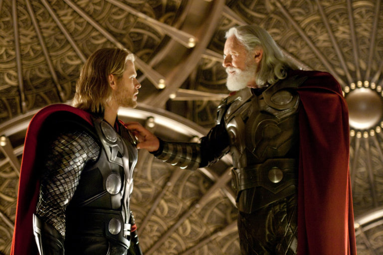 Screenshot from the film Thor: Chris Hemsworth and Anthony Hopkins as Thor and his dad