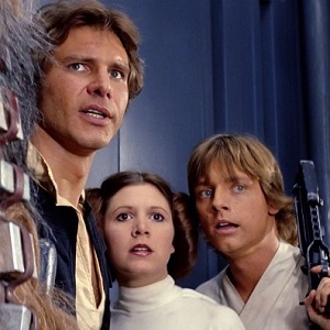 Harrison Ford as Han Solo, Carrie Fisher as Princess leia, Mark Hamill as Luke Skywalker in Star Wars: A New Hope