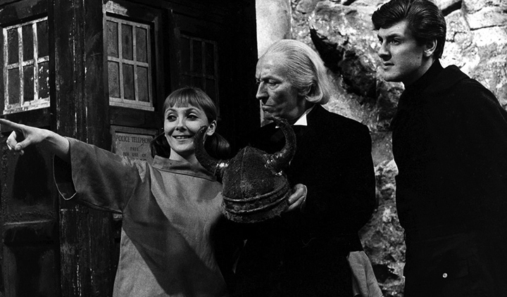 Barbara, the First Doctor, and Ian from the Doctor Who episode "The Time Meddler."