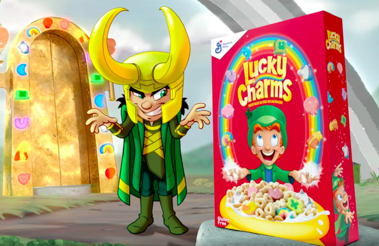 A cartoon Loki smiles mischievously in front of a giant box of Lucky Charms in an advert for the new General Mills promotion for 