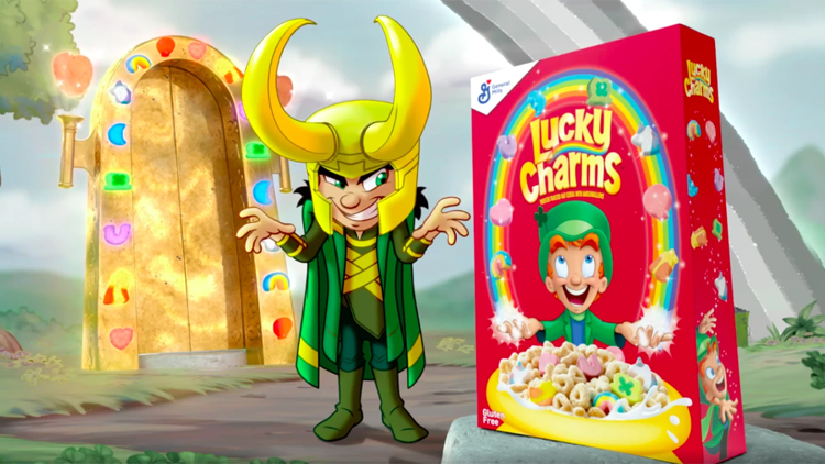 A cartoon Loki smiles mischievously in front of a giant box of Lucky Charms in an advert for the new General Mills promotion for "Loki Charms."