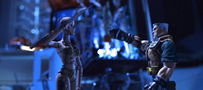 Gweny (voiced by Sarah Michelle Gellar) greets Chip Hazard (voiced by Tommy Lee Jones) in a still from the 1998 film "Small Soldiers."