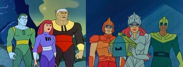 Space Stars: The Galaxy Trio: Vapor Man, Gravity Girl, and Meteor Man; and Teen Force: Kid Comet, Elektra, and Moleculad