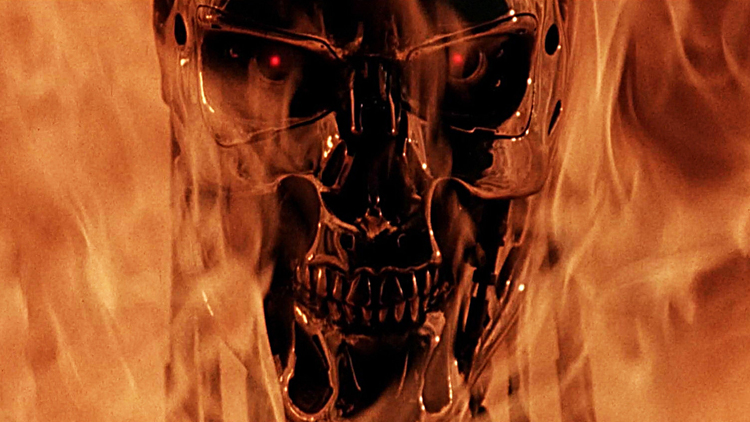 A shot of the endoskeleton skull of a T-800 surrounded by fire from the 1991 classic film "Terminator 2: Judgement Day."