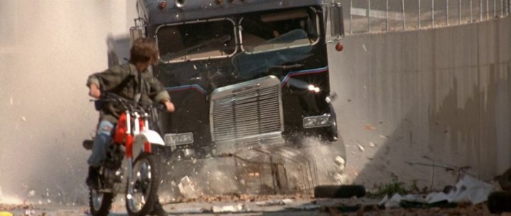 The T-1000 (Robert Patrick) drives a truck off a bridge as he chases John Connor (Edward Furlong) in a scene from the 1991 classic film "Terminator 2: Judgement Day."