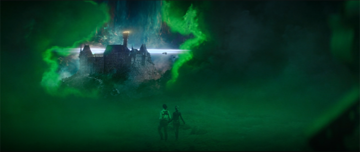 Loki (Tom Hiddleston) and Sylvie (Sophia Di Martino) walk hand in hand into a portal to what's beyond the Void in a still from the Disney+ series "Loki."