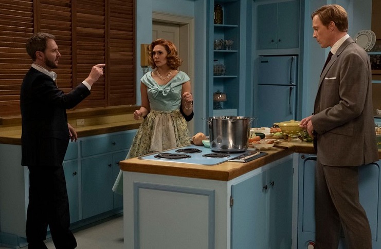 Matt Shakman directing Elizabeth Olsen and Paul Bettany in the kitchen set of WandaVision