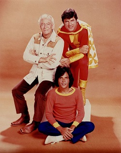 Les Tremayne as Mentor, John Davey as Captain Marvel, and Michael Gray as Billy Batson on Shazam