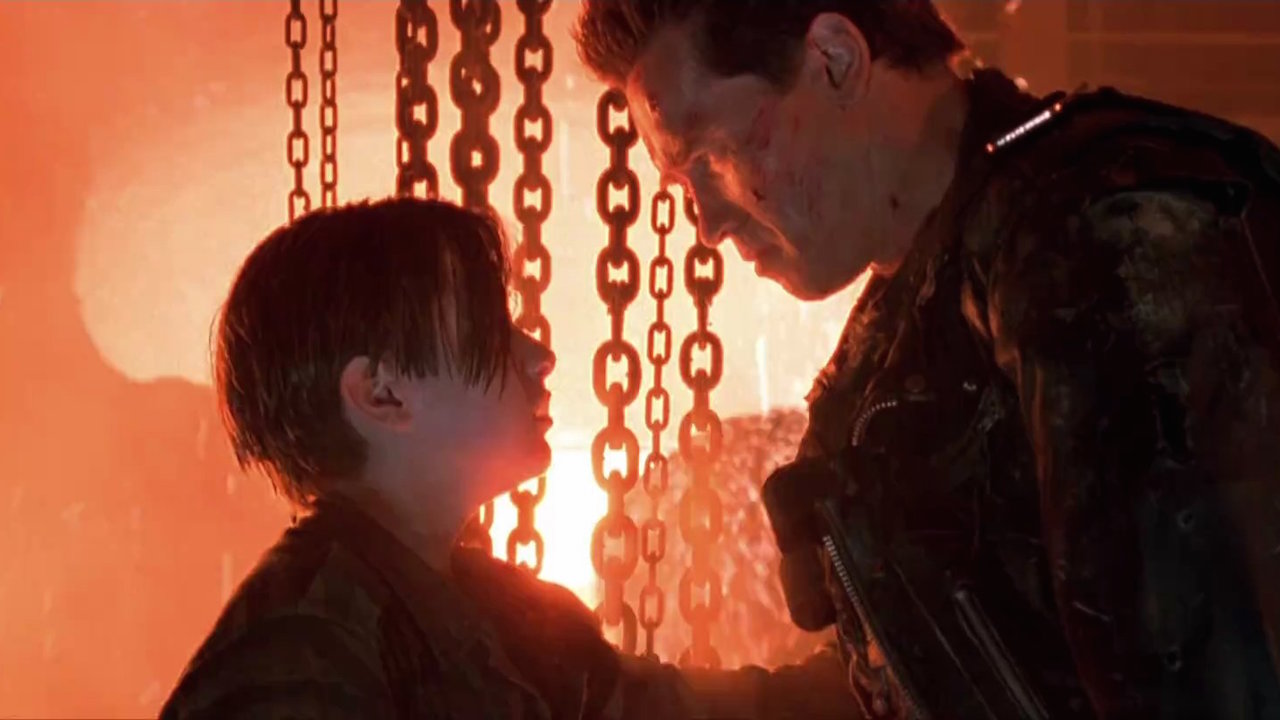 The T-800 (Arnold Schwarzenegger) says goodbye to John Connor (Edward Furlong) in a scene from the 1991 classic film "Terminator 2: Judgement Day."