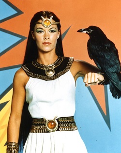 Joanna Cameron as Isis with Tut the raven