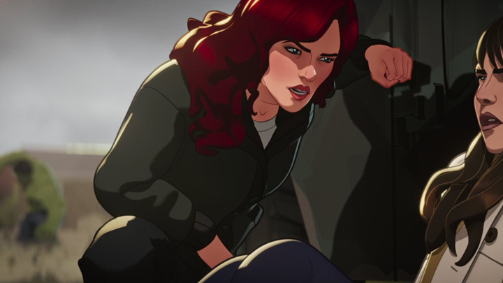 Black Widow protects Betty Ross as the Hulk goes on a rampage on campus in a still from the Disney+ series "What If...?"