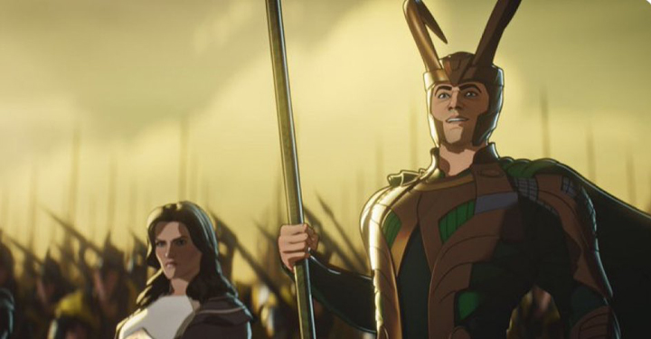 Loki and Lady Sif lead an Asgardian army to avenge Thor's death in a still from the Disney+ series "What If...?"