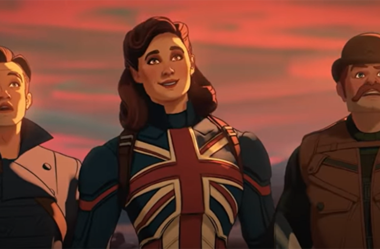Bucky Barnes, Captain Carter, and Dum Dum Dugan watch in awe as the Hydra Stomper files into action in a clip from the new Disney+ animated series, "What If...?"