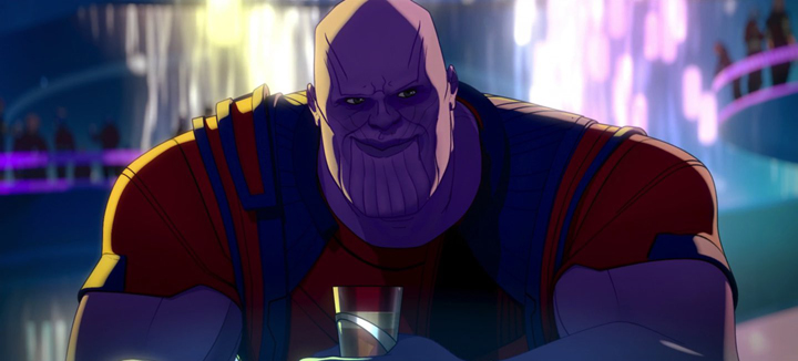 Thanos (voiced by Josh Brolin) is convinced of the error of his ways and joins the Ravagers in a still from the Disney+ series "What If...?"
