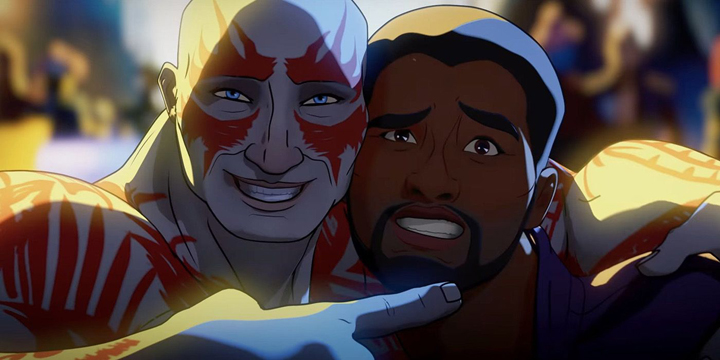 Drax wants a selfie with T-Challa (Chadwick Boseman) in a still from the Disney+ series "What If...?"