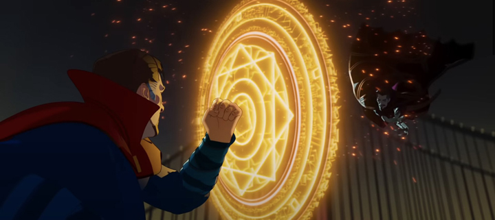 Doctor Strange creates a shield to protect himself in a still from the Disney+ series "What If...?"