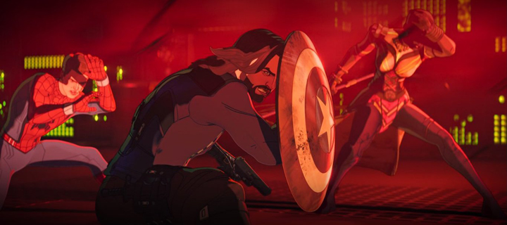 Bucky uses Captain America's shield to deflect Scarlet Witche's magic in a still from the Disney+ series "What If...?"