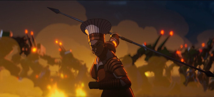 Queen Ramonda leads the Dora Milaje into battle against a platoon of drones in a still from the Disney+ series "What If...?"