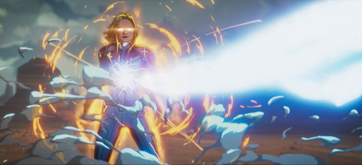 Captain Marvel absorbs a full blast of lightning from Thor's hammer in a still from the Disney+ series "What If...?"