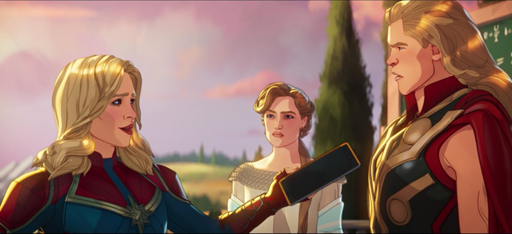 Captain Marvel gives Thor an iPad full of Earth knowledge to help the ruse with Frigga in a still from the Disney+ series "What If...?"