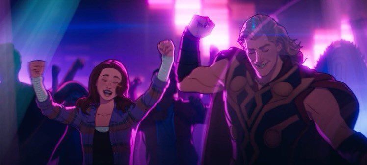 Jane Foster falls for Thor and joins him in his revelry in a still from the Disney+ series "What If...?"