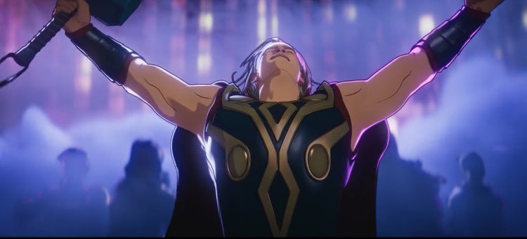 Thor is a fun-loving party animal instead of a fearsome warrior in a still from the Disney+ series "What If...?"