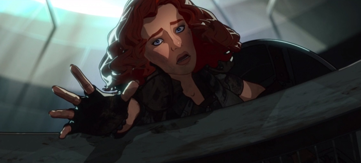 Black Widow watches helplessly as Hawkeye plummets to his death in a still from the Disney+ series "What If...?"