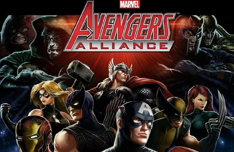 The splash screen for 'Marvel: Avengers Alliance' showcases characters like Captain America, Thor, Wolverine, and Doctor Doom.