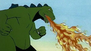 Screen shot of Godzilla blowing fire out of his mouth