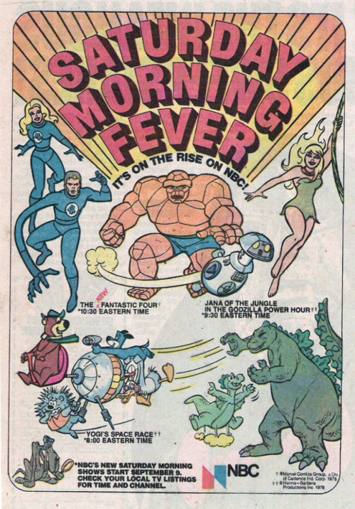 Saturday Morning Fever advert featuring Godzill, Fantastic Four, Yogi Bear,and Jana of the Jungle