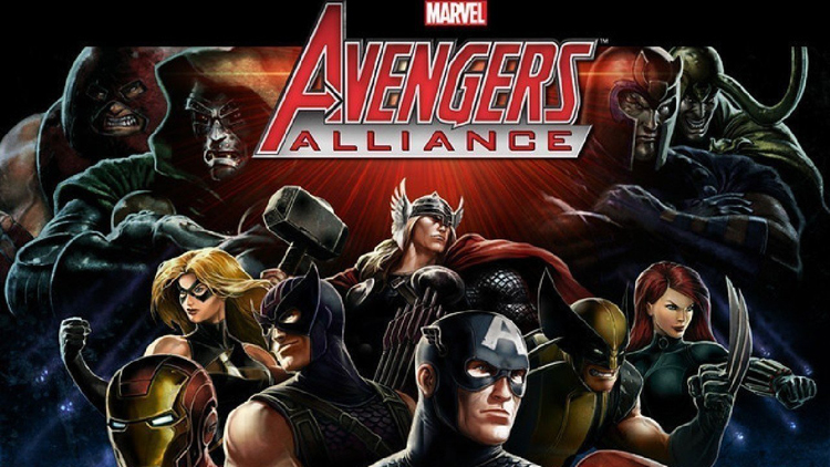 The splash screen for 'Marvel: Avengers Alliance' showcases characters like Captain America, Thor, Wolverine, and Doctor Doom.