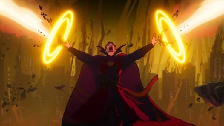 Doctor Strange lets his magic explode from his hands in his quest to save the life of Christine Palmer in a still from the Disney+ series "What If...?"